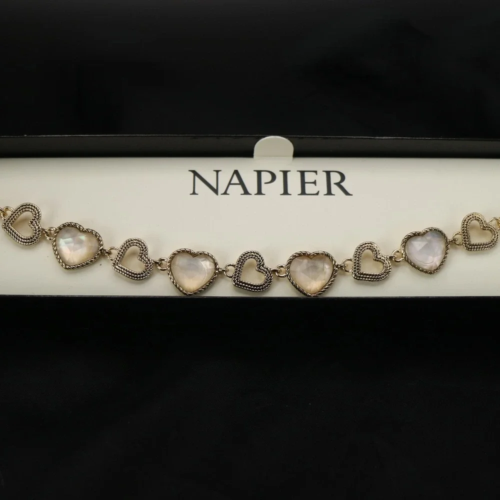 Napier Gold Tone Heart Link Bracelet Iridescent‎ Faceted Stones NIB